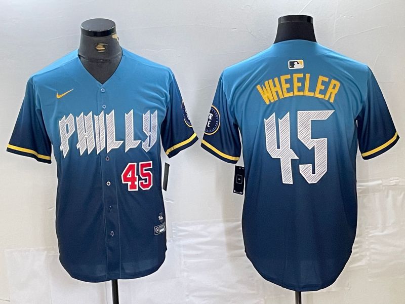 Men Philadelphia Phillies 45 Wheeler Blue City Edition Nike 2024 MLB Jersey style 3